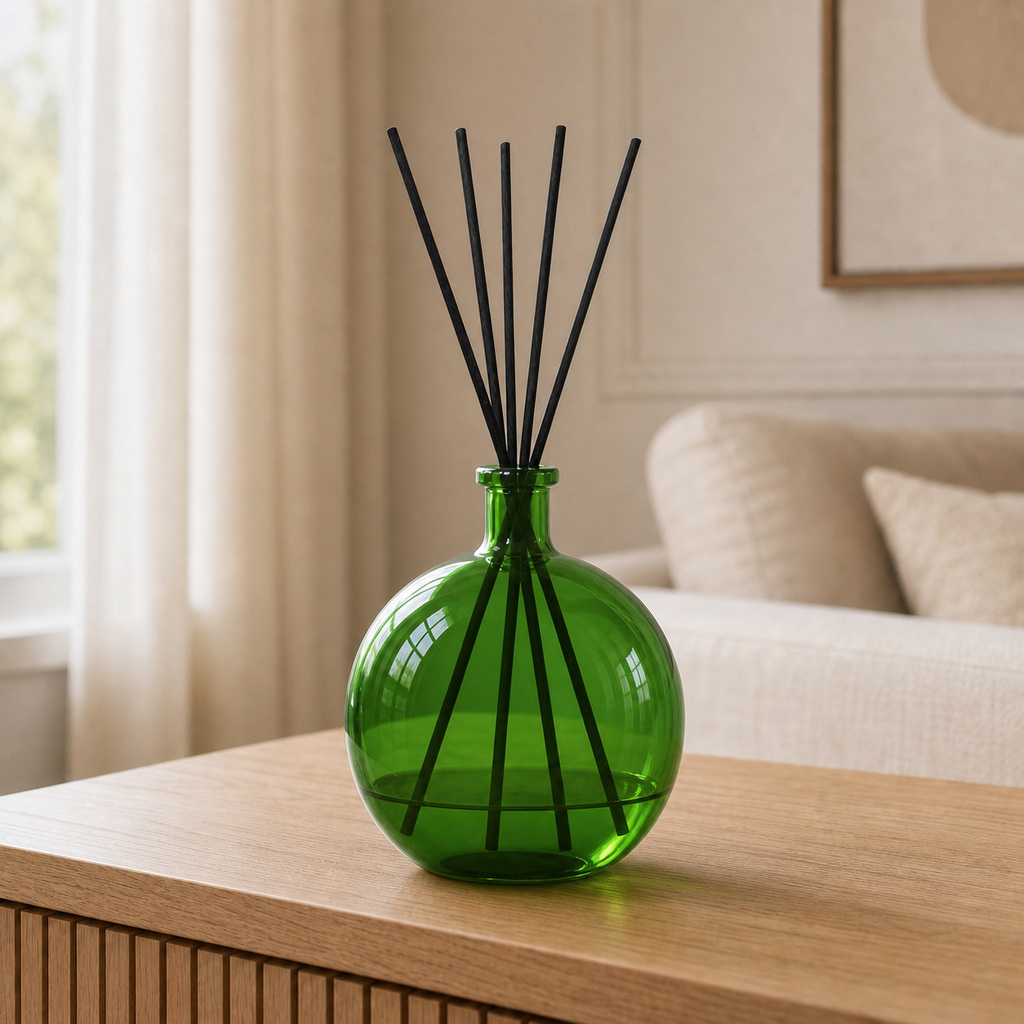 Gebrauchsfertige UFIGREEN Diffusor-Mischung Bac'rat – Reed Diffuser im hellen Wohnraum