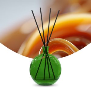 Gebrauchsfertige UFIGREEN Diffusor-Mischung Liquid Caramel – Produktbild mit Duftmotiv