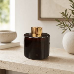 Runder Duftdiffusor Dunkelbraun Glanz Transparent 100 ml – Gold – Produktfoto