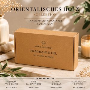 Duftöl-Set für Kerzen – Orientalische und holzige Düfte, 4 × 100 ml – Produktansicht