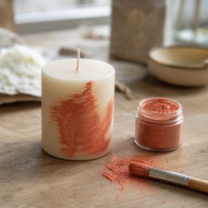Perlglanzpigment Exterior Red Bronze Satin – Anwendung des Perlglanzpigments auf einer Kerze im Atelier