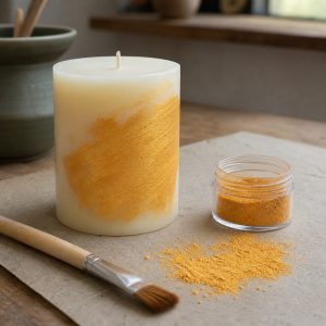 Perlglanzpigment Gold Satin – Anwendung des Perlglanzpigments auf einer Kerze im Atelier