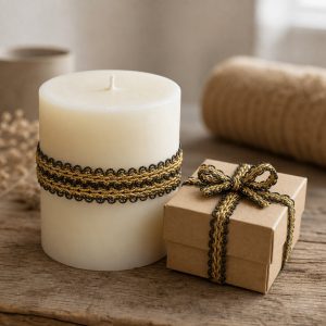 Dekorband – stimmungsvolles Produktfoto mit Kerze und Geschenk